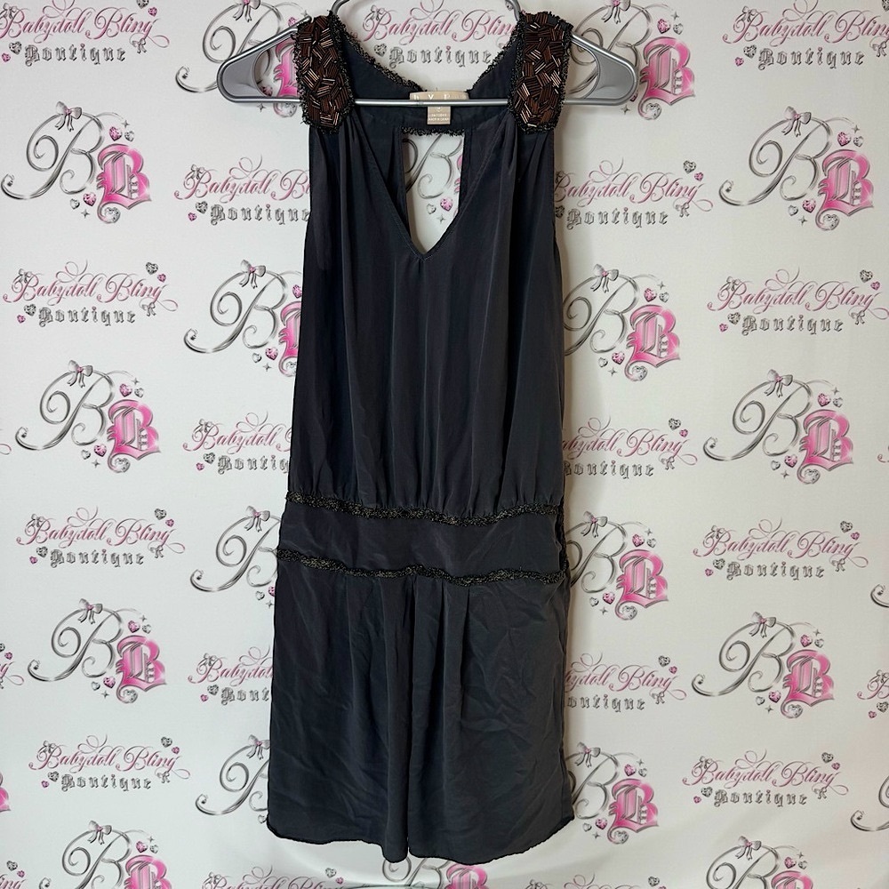 HYPE dress beaded embroidered neckline Black Sleeveless Dress with Lace Accents